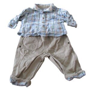 2 Pc Button Up Shirt Pants Outfit Boys Size 3-6M Tan Plaid Long Sleeve Khaki